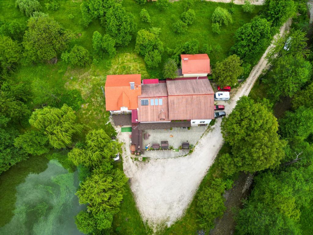 een luchtzicht op een huis in het bos naast een meer bij Pensiunea Broscuta in Horezu