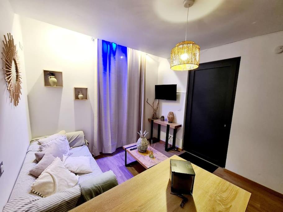 uma sala de estar com um sofá e uma mesa em Appartement cosy et calme en Hyper-centre em Tarbes