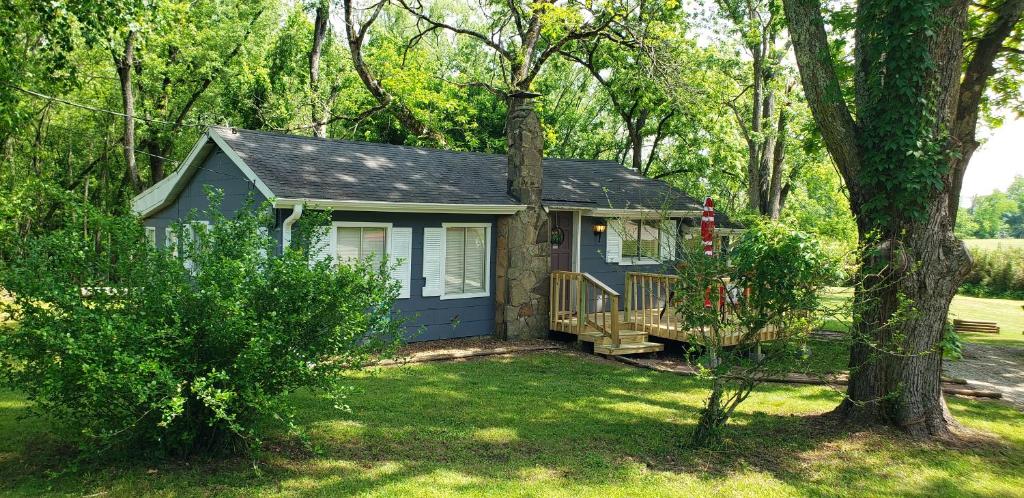 uma pequena casa azul no meio de um quintal em Cozy Lakefront Cottage Getaway Branson MO. em Branson