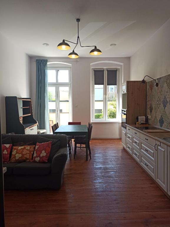 ein Wohnzimmer mit einem Sofa und einem Tisch in der Unterkunft Apartament PAPROTKA 100m in Legnica