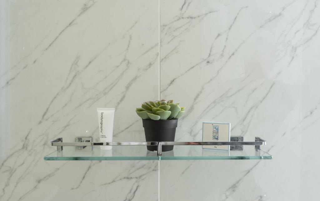 a glass shelf with a potted plant on it at The Franciscan Hotel in Santa Barbara