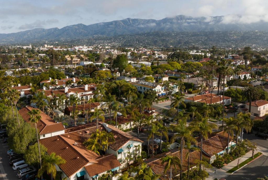 an aerial view of a city with mountains in the background at The Franciscan Hotel in Santa Barbara