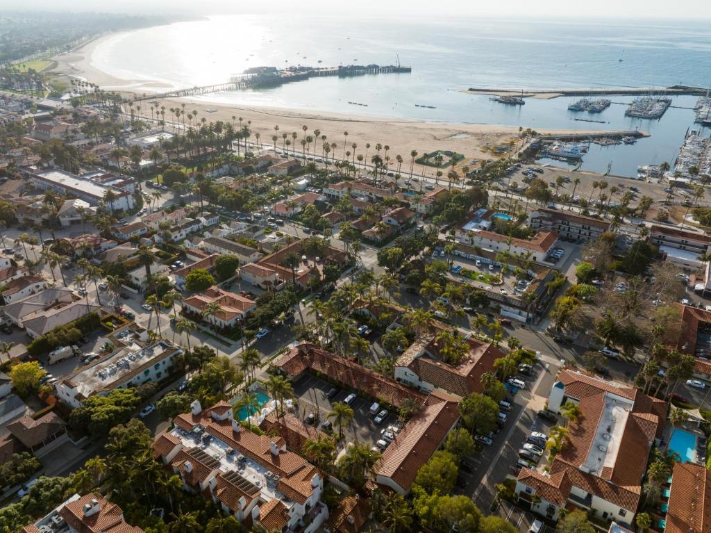 an aerial view of a city and the beach at The Franciscan Hotel in Santa Barbara