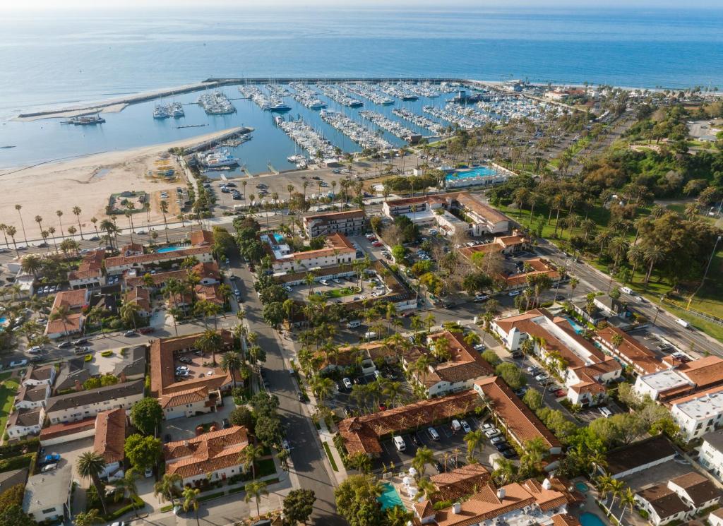 an aerial view of a city with a marina at The Franciscan Hotel in Santa Barbara