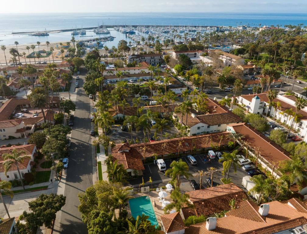 an aerial view of a town with houses and the ocean at The Franciscan Hotel in Santa Barbara