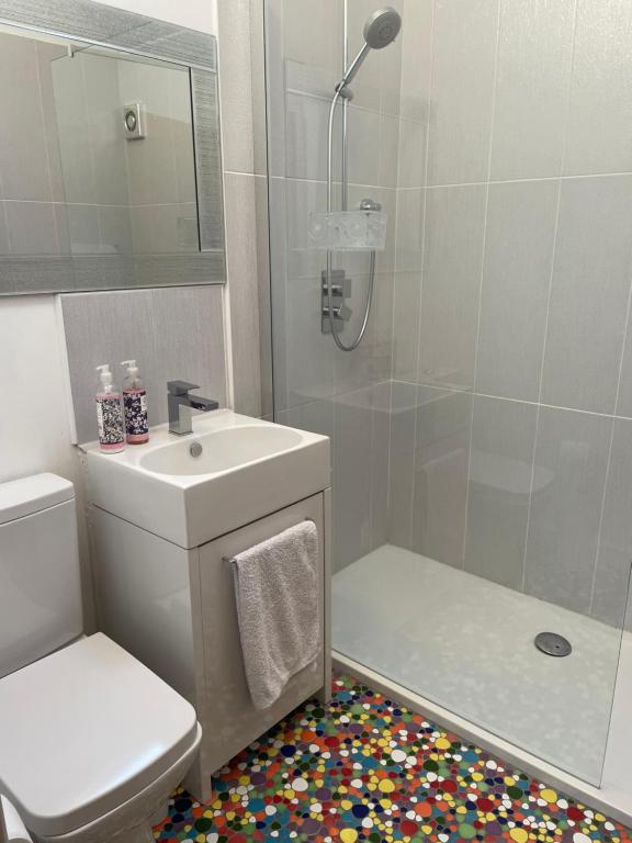 ein Bad mit einem WC, einem Waschbecken und einer Dusche in der Unterkunft Holly Cottage in Gringley on the Hill