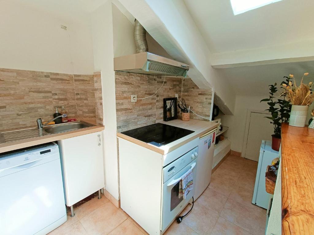 une petite cuisine avec un évier et une cuisinière dans l'établissement RMB - T2 au Dernier étage au coeur de Nice, à Nice