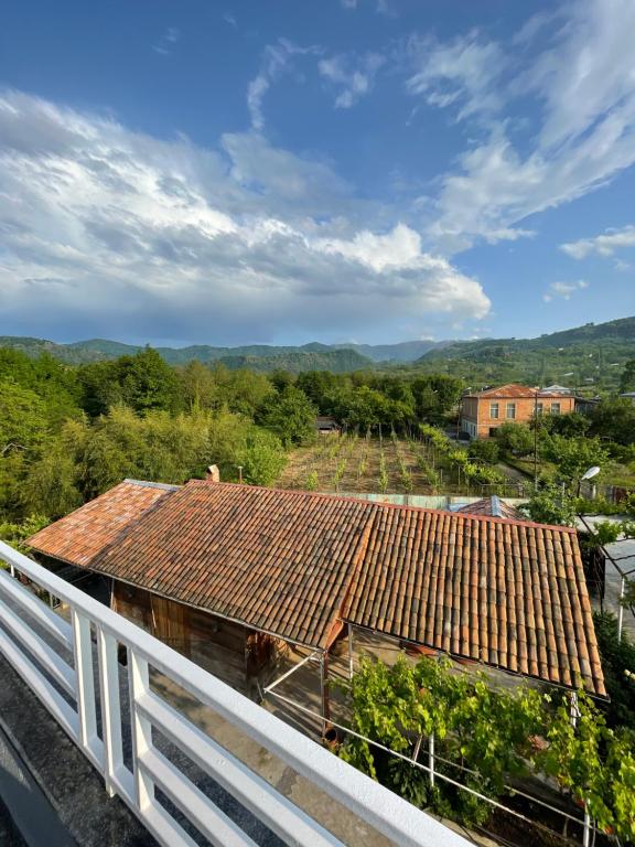 a view from the balcony of a house with a roof at Zaali's wine cellar in Vani