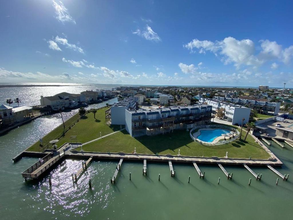 an aerial view of a resort in the water at Bay Tree D2 in Port Aransas