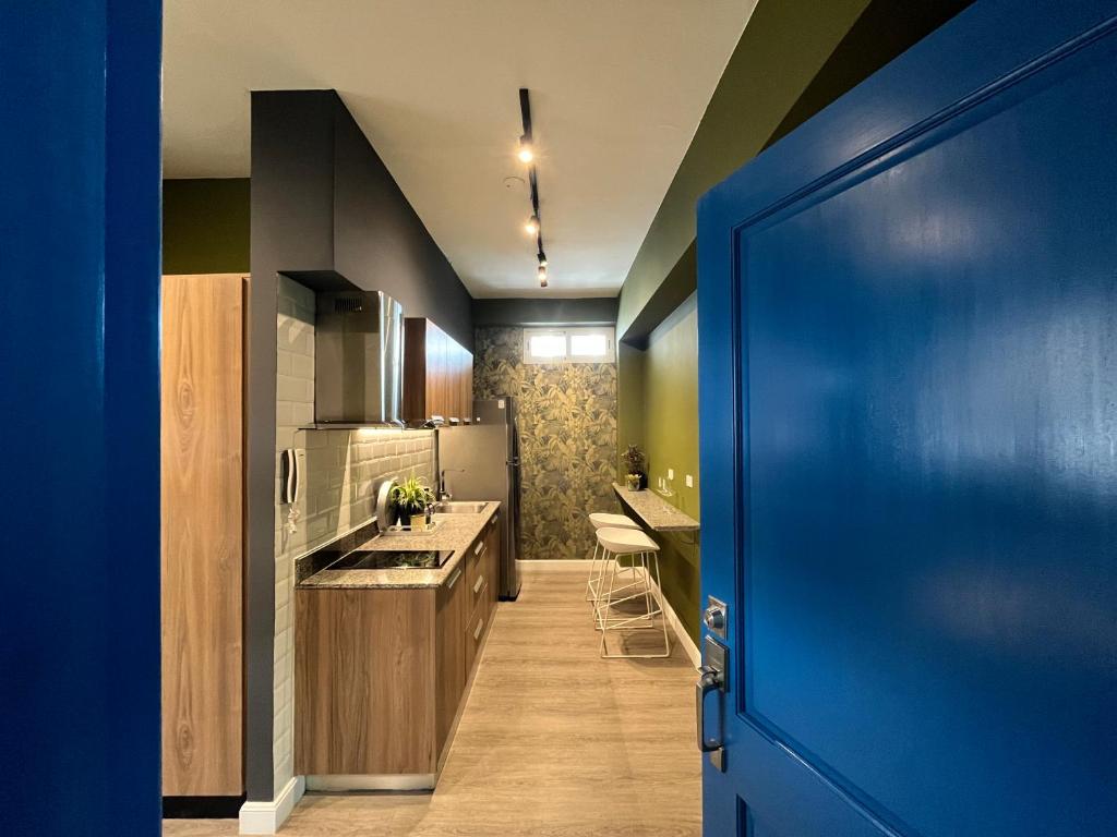cocina con fregadero y puerta azul en Modern apartment 01, en Panamá