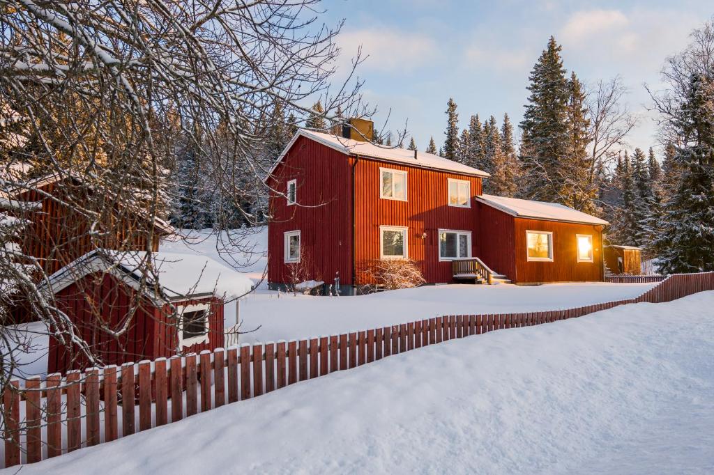 eine rote Scheune und ein rotes Haus im Schnee in der Unterkunft The bear's den in Håkafot