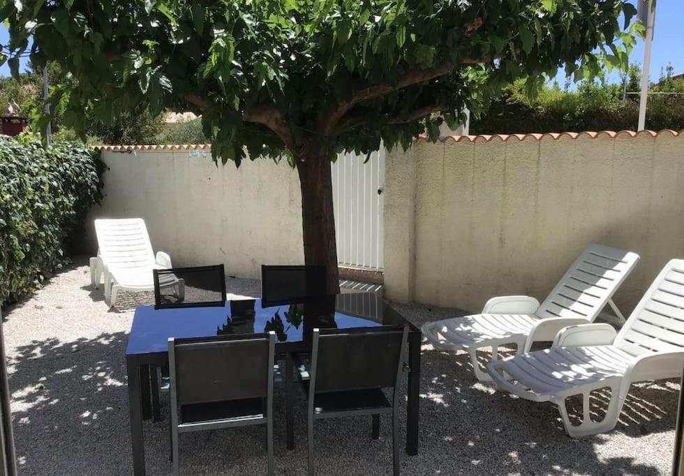 una mesa y sillas bajo un árbol en un patio en Studio, jardin, clim & parking, en Saint-Cyr-sur-Mer