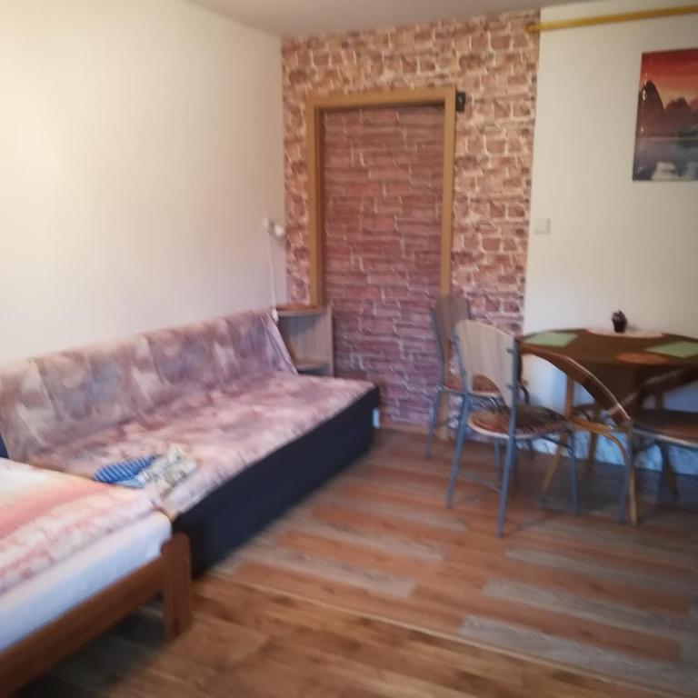 salon z kanapą i stołem w obiekcie Ubytování Lumik w Jesioniku