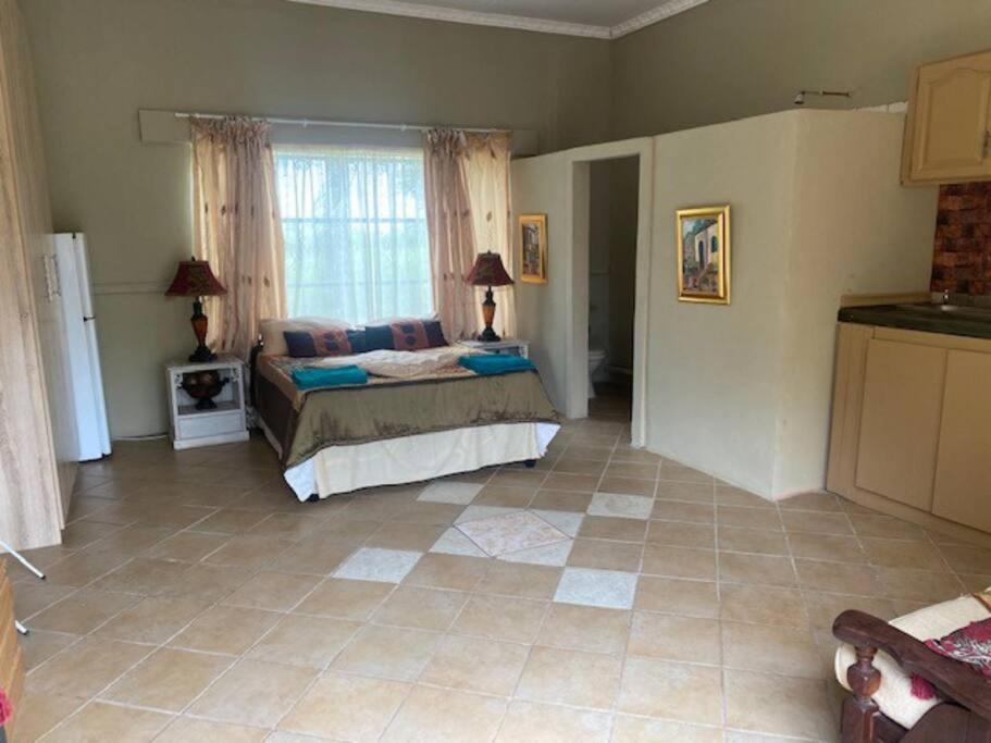 a bedroom with a bed and a large window at Apartment 3 Magaliesberg in Brits