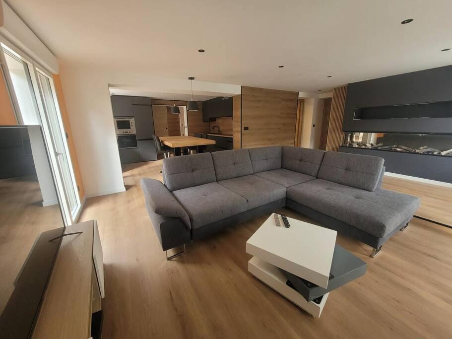 un salon avec un canapé gris et une table dans l'établissement T3 cosy et climatisé avec vue montagne, à Moustajon