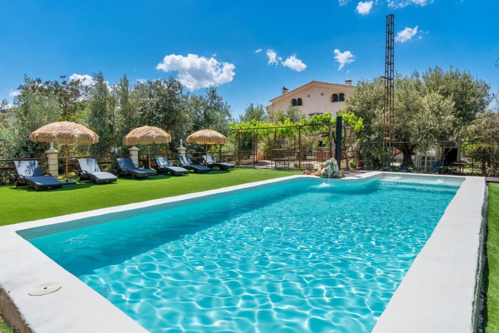 a swimming pool in a backyard with chairs and trees at El Cortijo de Granada in Gójar