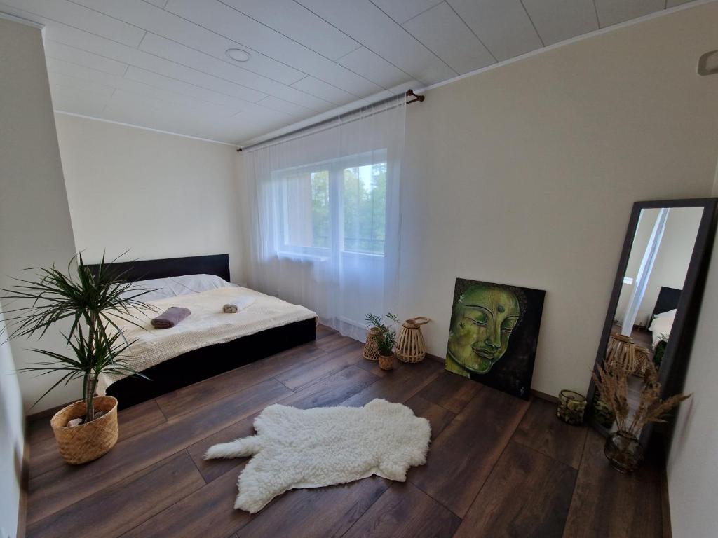 1 dormitorio con cama y alfombra en el suelo en Võsupere Saare Apartment, en Võsupere