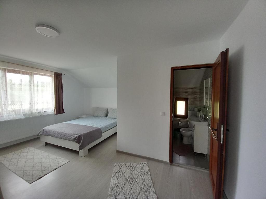 a bedroom with a bed and a bathroom with a mirror at Casa Lia Figa in Beclean
