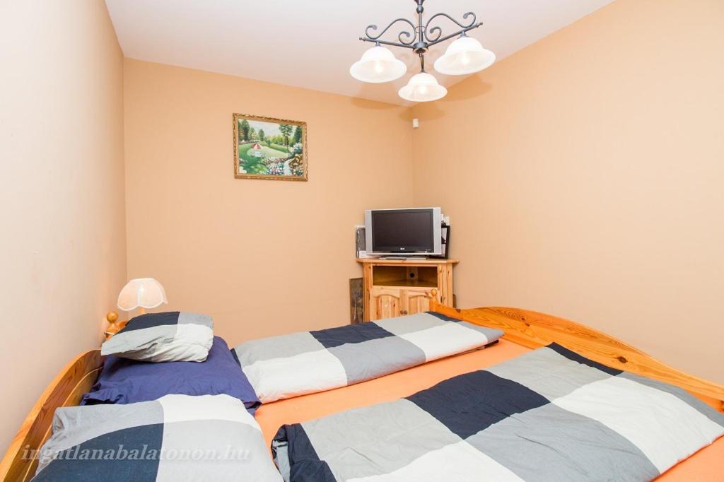 twee bedden in een kamer met een tv bij 547 - Közvetlen vízparti, 2 hálószobás, kertkapcsolatos apartman in Balatonőszöd
