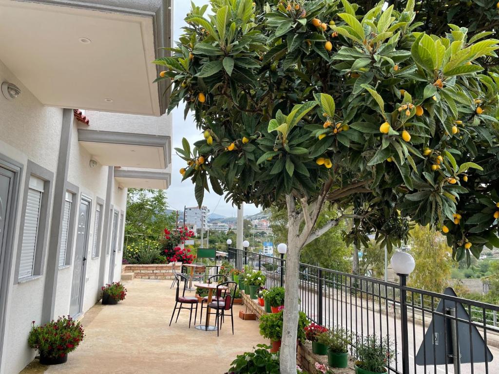 a tree on a balcony with a table and chairs at Sky Apartments in Sarandë