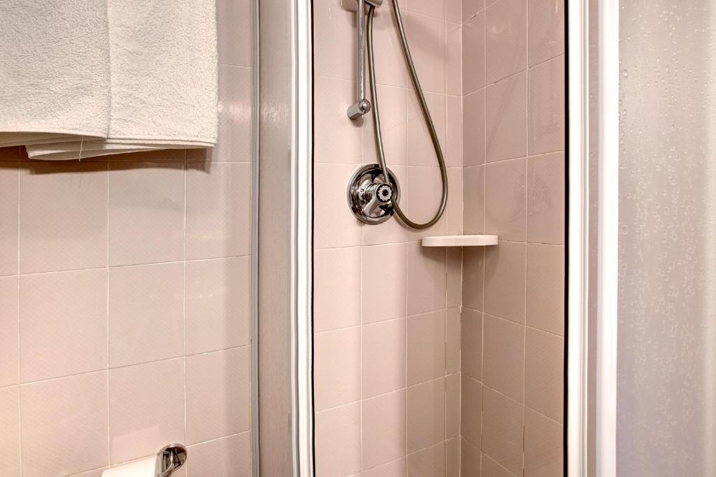 a bathroom with a shower with a glass door at Appartamenti Elisabetta n2 in Livigno