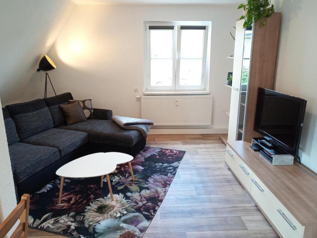 - un salon avec un canapé et une télévision dans l'établissement Ferienwohnung am Hambach, 
