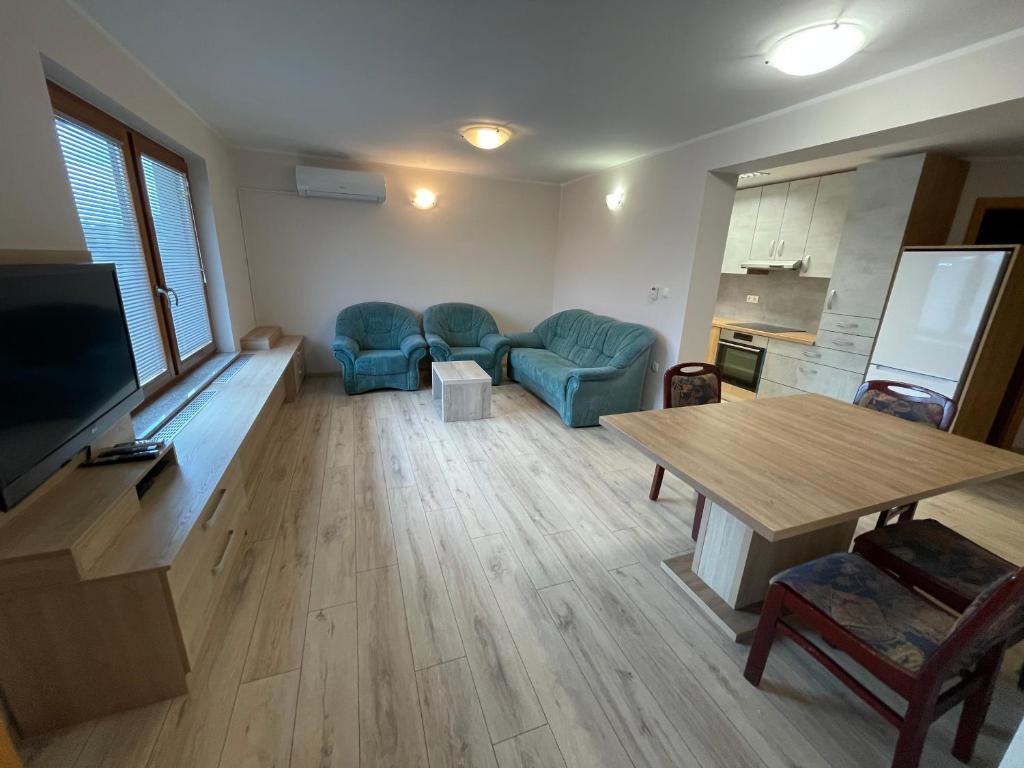 ein Wohnzimmer mit einem Sofa und einem Tisch in der Unterkunft Apartma Ivana in Markovci