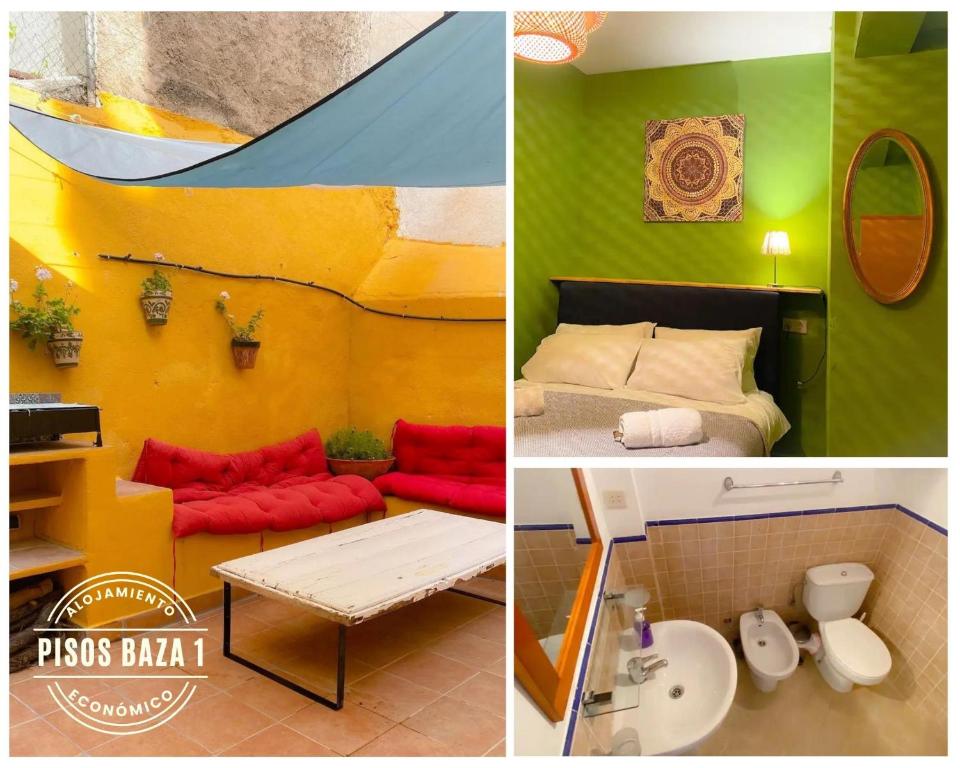 2 fotos de una habitación con cama y sofá en Pisos Baza, Tres apartmentos en Baza Central, en Baza
