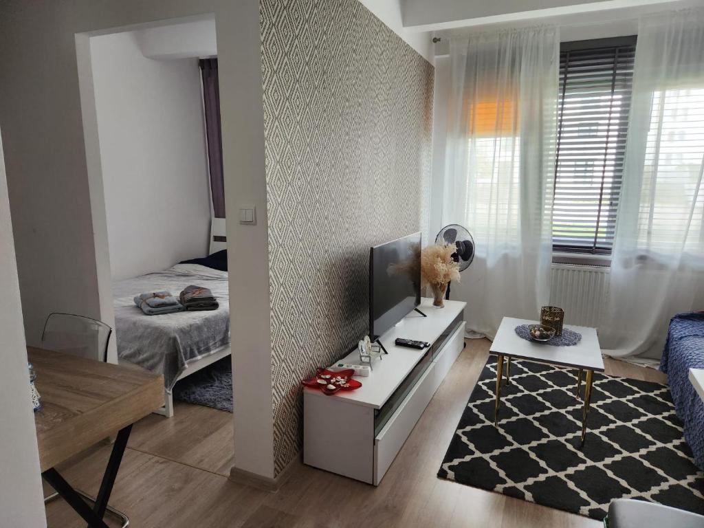 Ridii mieszkanie wakacyjne 800m od plaży - Brzeźno - AZW Gdańsk في غدانسك: غرفة معيشة مع تلفزيون وسرير وطاولة
