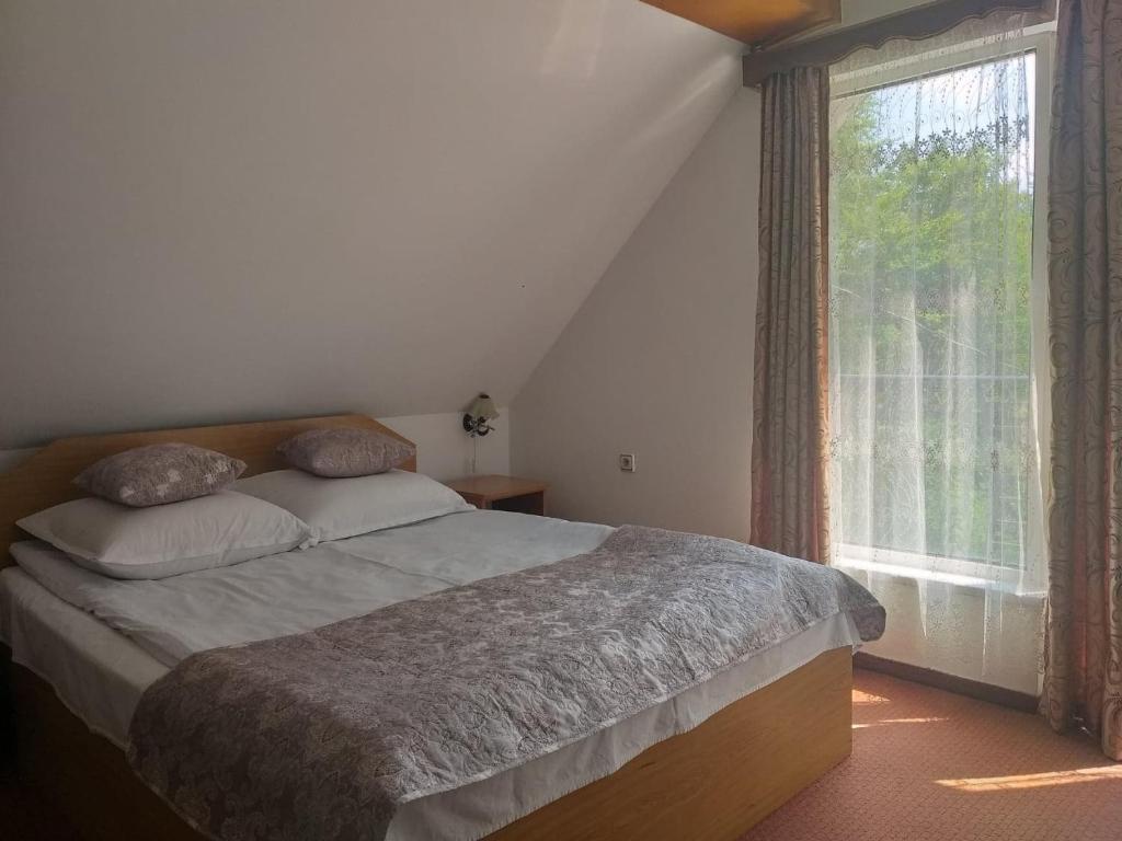 a bedroom with a bed and a large window at Șoaptele pădurii & Căsuța din pădure in Suceviţa