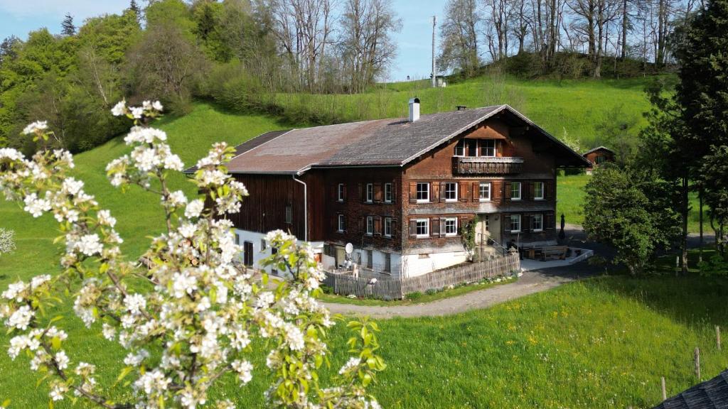 uma casa grande numa colina com flores brancas em Bergoase Hohenegg em Lingenau