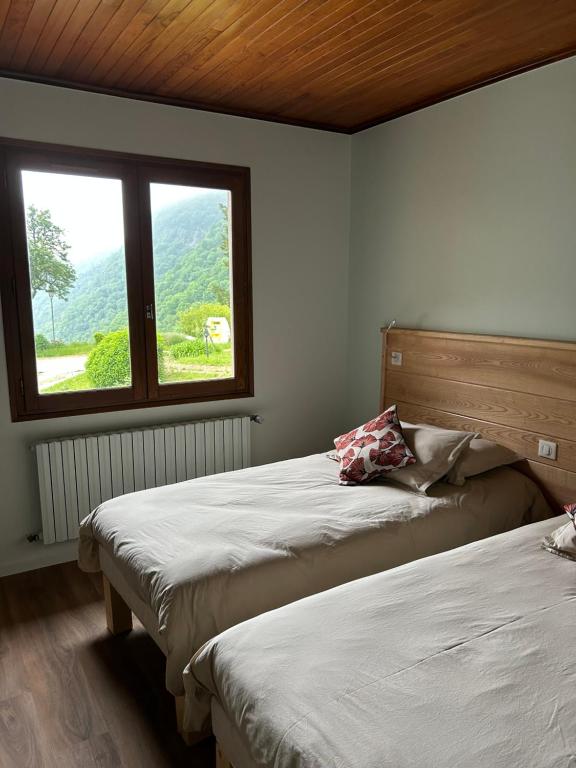 two beds in a room with a window at LA SOURCE Jacquet depuis 1954 Hôtel et Studio in Saint-Jean-de-Chevelu