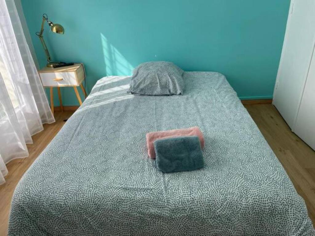 1 dormitorio con cama con almohada en Chambre dans appartement lumineux, en Mont-Saint-Aignan