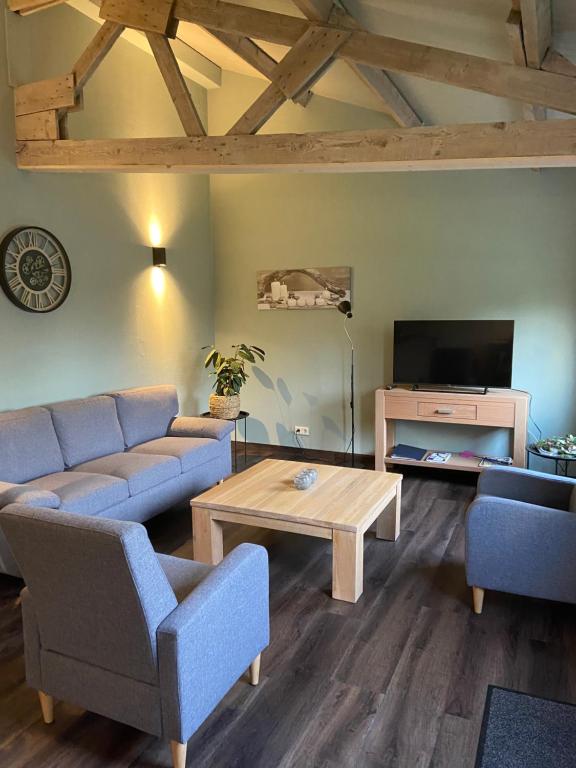 ein Wohnzimmer mit Sofas, einem Tisch und einem TV in der Unterkunft De Heide in Odoorn