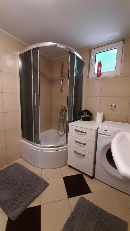 een badkamer met douche en wastafel en een wasmachine bij Apartman Mi-Bel in Zagreb