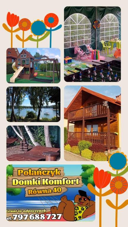 kolaż zdjęć placu zabaw i domu w obiekcie Domki Komfort w Polańczyku