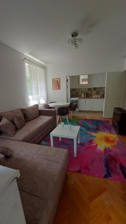 uma sala de estar com um sofá e uma mesa em Apartman Milica em Vršac