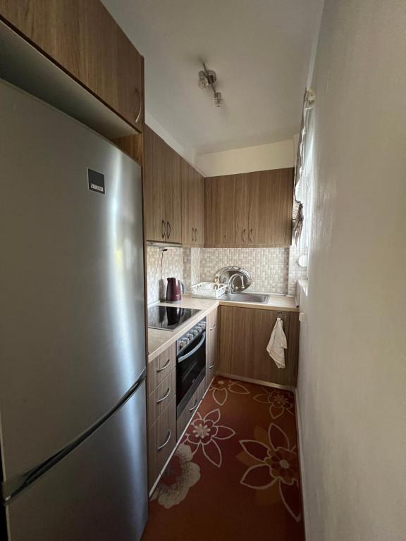 a kitchen with a stainless steel refrigerator and a sink at Μεζονετα με αυλη in Elani