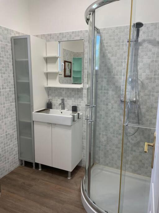 a bathroom with a sink and a shower at Le calme de la campagne proche de tout..... in Les Arcs sur Argens