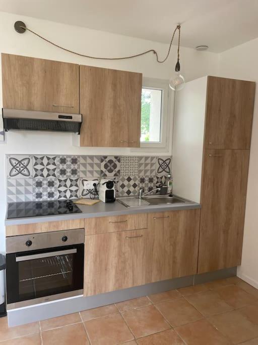 a kitchen with wooden cabinets and a sink at Le calme de la campagne proche de tout..... in Les Arcs sur Argens