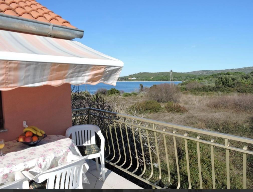 een tafel en stoelen op een balkon met uitzicht op de oceaan bij Apartmani Frakić in Veli Rat