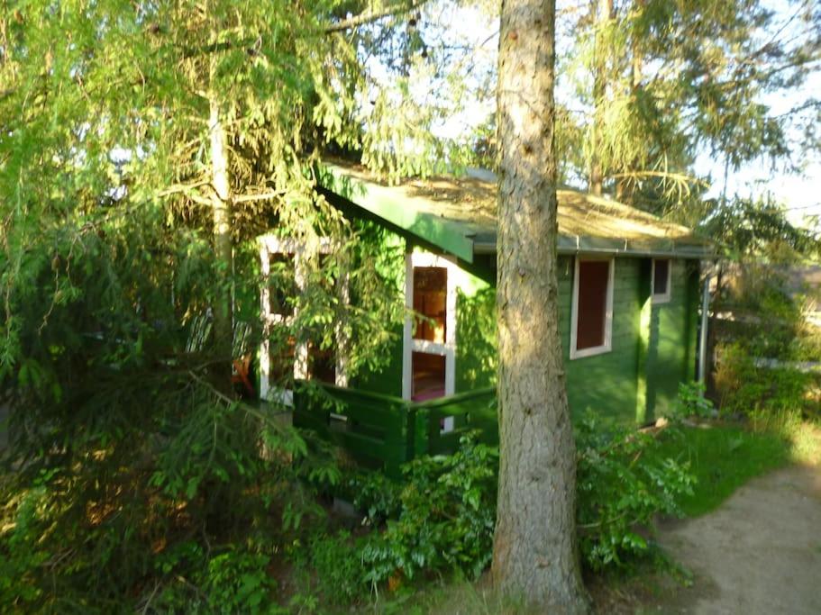 une maison verte au milieu de quelques arbres dans l'établissement U M&M, à Łagów