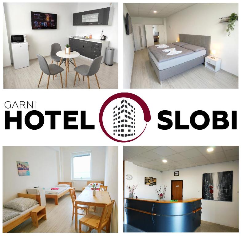 a collage of three pictures of a hotel room at Hotel Slobi in Štúrovo