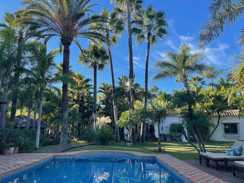 una piscina con palmeras y una casa en Villa in a palm tree plantation en Marbella