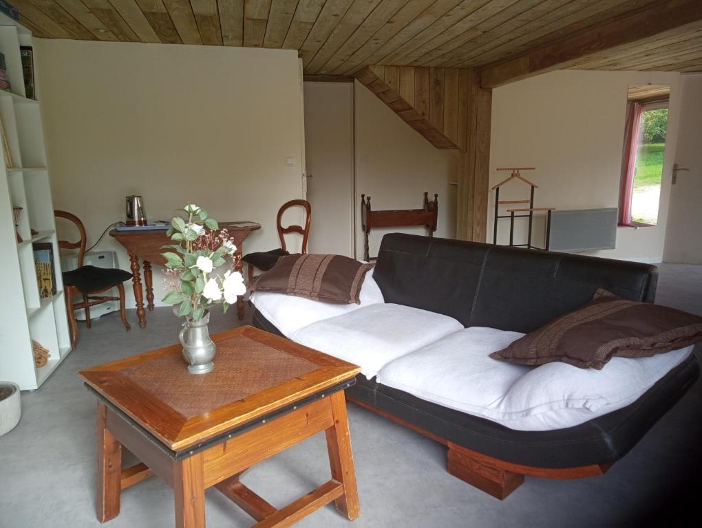 a living room with a black couch and a table at La Canette de Phil - Chambre d'hôtes, Indépendante - Vue sur piscine in Samatan