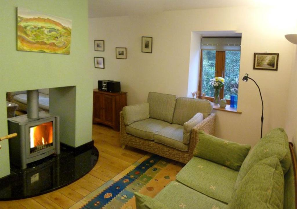 a living room with a couch and a fireplace at Hafan Myrddin in Llandovery