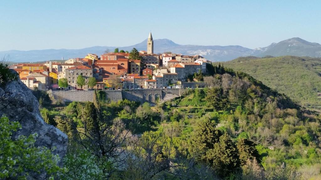 una pequeña ciudad en una colina en las montañas en Apartment Labin, en Labin