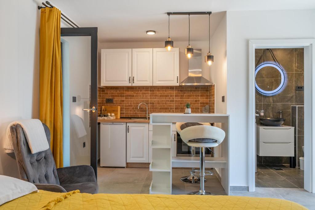eine Küche mit einer Theke und einem Waschbecken in einem Zimmer in der Unterkunft Studio Apartment Carpe Diem in Drinovci
