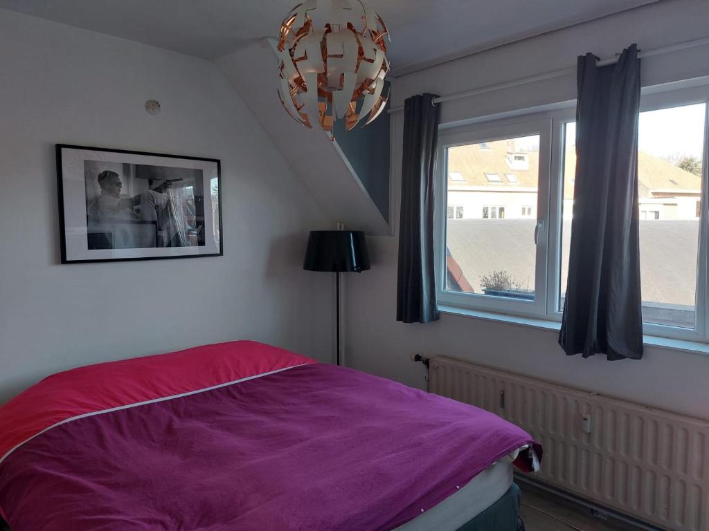 una camera con letto viola e finestra di Wolu Room a Bruxelles