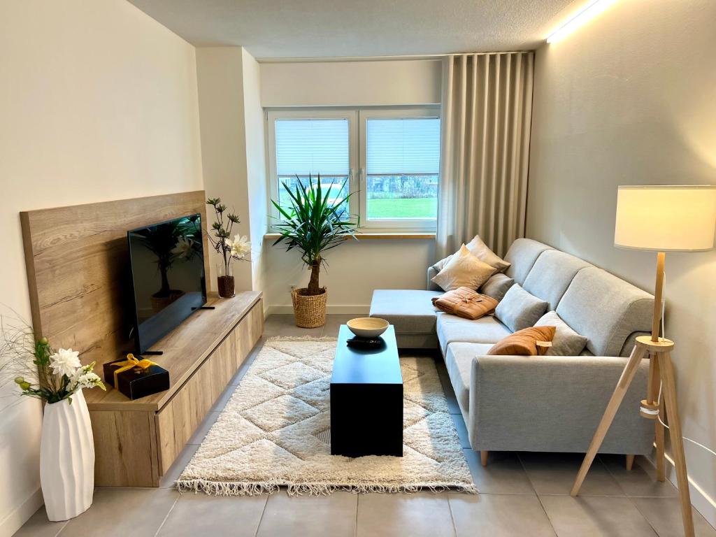 een woonkamer met een bank en een tv bij NEU 2023: Ferienwohnung THEO in Leinefelde